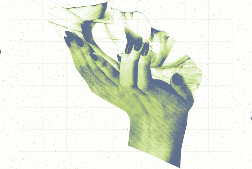 Field Notes Exhibition image depicting a collage featuring green hands holding crumpled paper